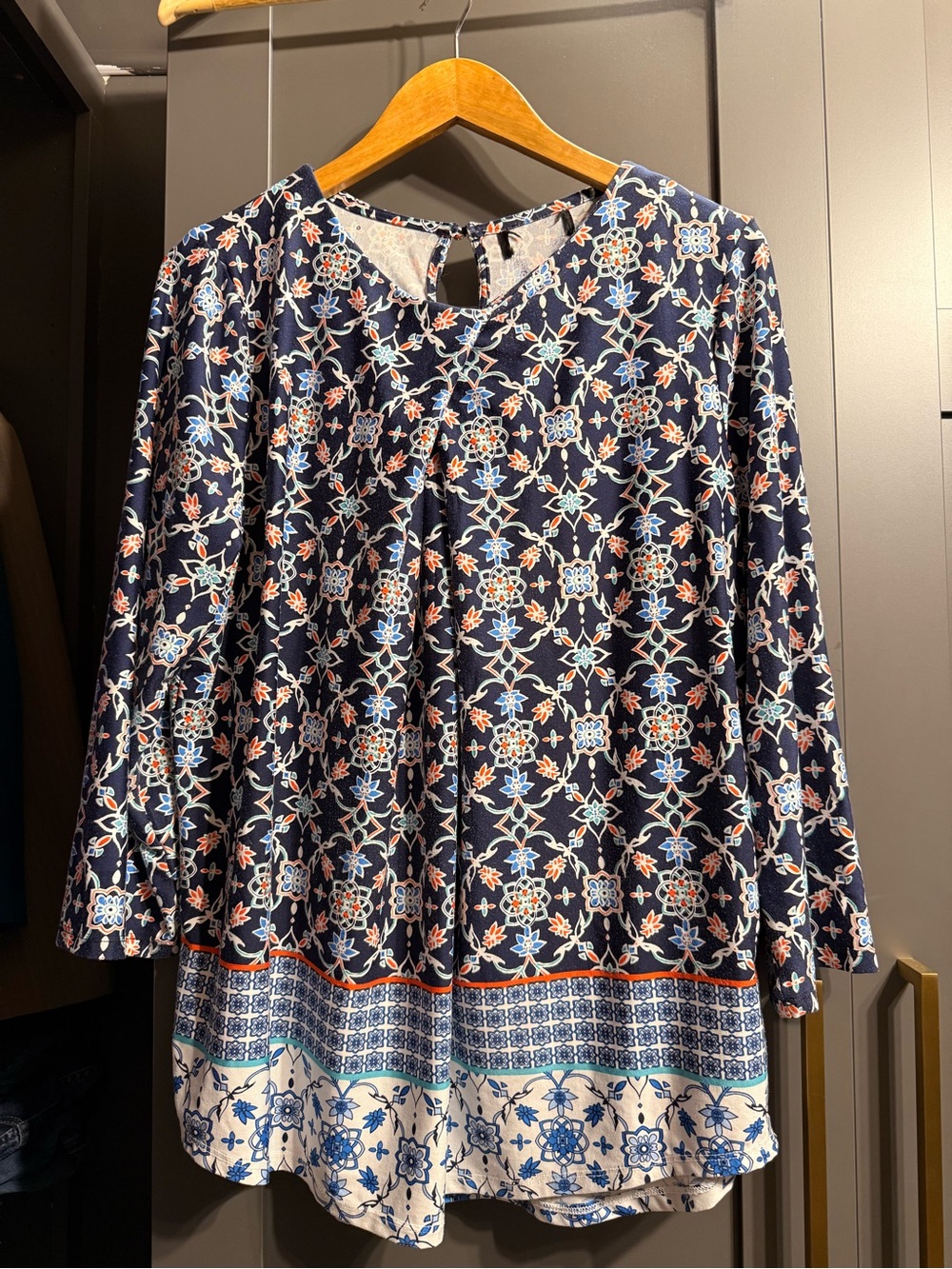 Ruby Rd. Navy Multicolor Floral Geometric Blouse